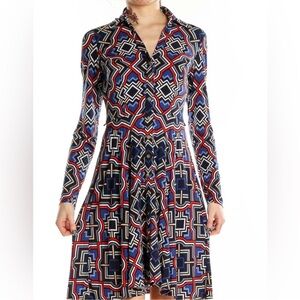 Cache Blue and Red Long Sleeve Pleated Dress